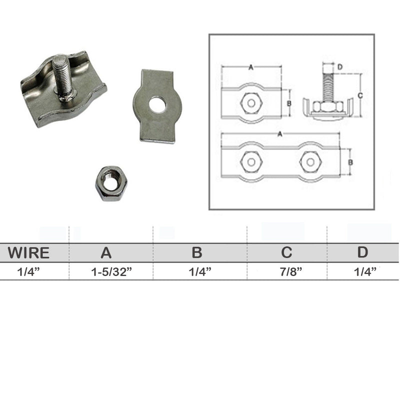 Simplex Single Bolt Wire Rope Clips,Stainless Steel for 1/4" Wire Cable 4 Pcs