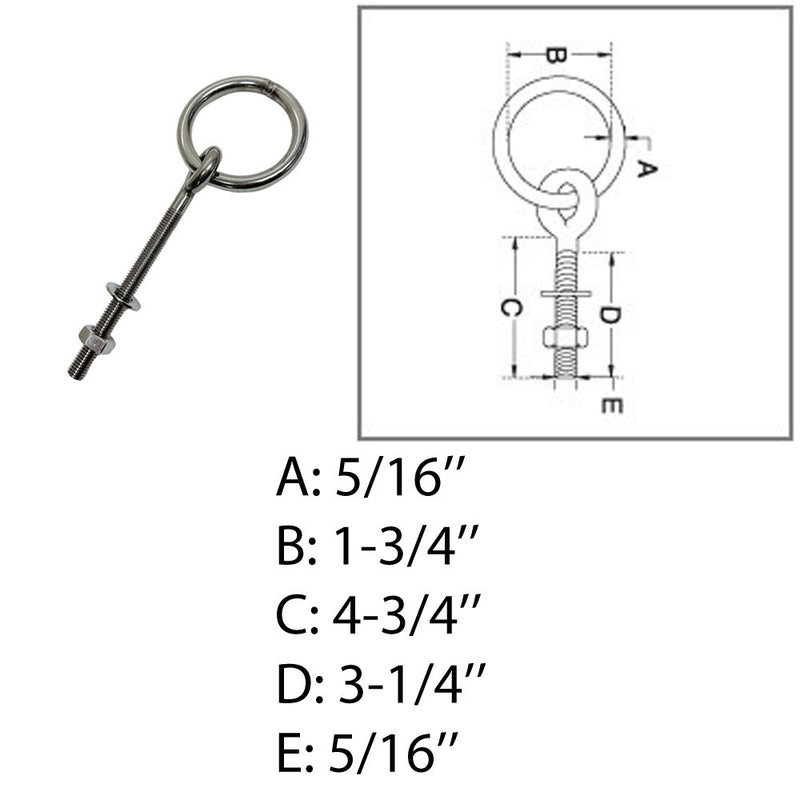 5/16" Marine Ring Eye Bolt 4-3/4" Shank Length Shoulder Bolt Stainless Steel 304