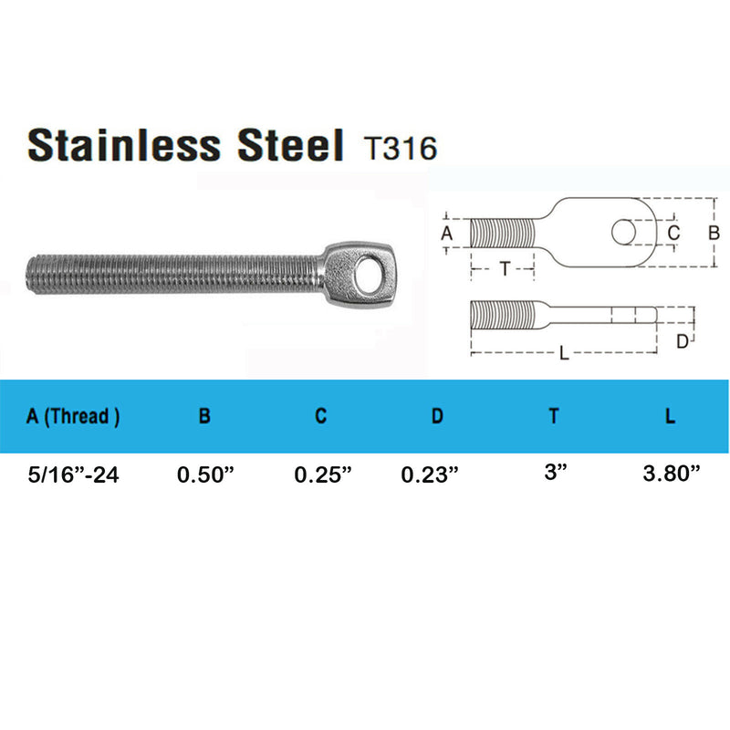 3-1/2"L T316 SS Threaded Eye Tab Bolt With Set Of 5 PC 5/16&