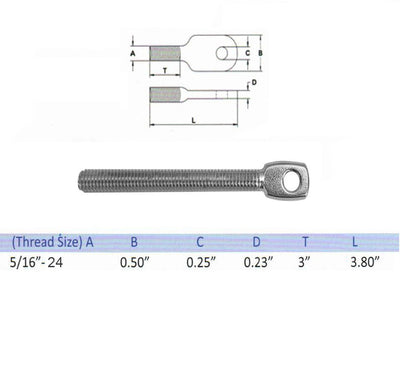 5 Pc Set T316 Stainless Steel Marine Boat Threaded Eye Tab, Eye Hole Diameter 0.25"