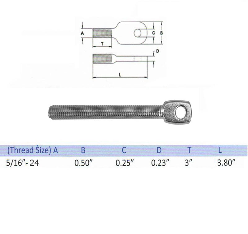 5 Pc Set T316 Stainless Steel Marine Boat Threaded Eye Tab, Eye Hole Diameter 0.25"