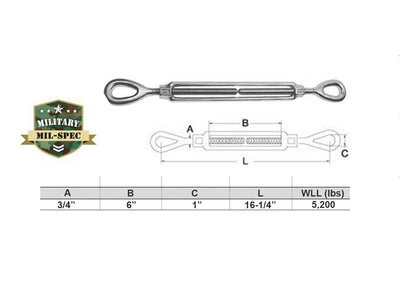 Mil-Spec 316 Stainless Steel Drop Forged 3/4" x 6" EYE EYE Turnbuckle 5200Lb WLL