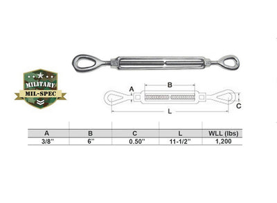 Mil-Spec 316 Stainless Steel Drop Forged 3/8" x 6" EYE EYE Turnbuckle 1200Lb WLL