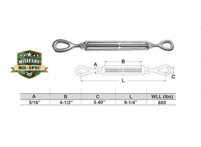 Mil-Spec T316 Stainless Steel Drop Forged 5/16" x 4-1/2" EYE EYE Turnbuckle