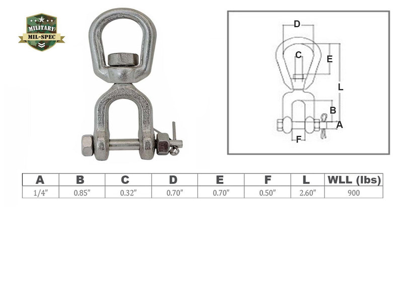 Mil Spec 1/4" Jaw & Eye Marine Mooring Swivel 900 Lbs WLL T316 Stainless Steel