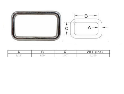 Mil Spec 5/16" x 3" Rectangular Ring Rectangle Link Loop T304 Stainless Steel