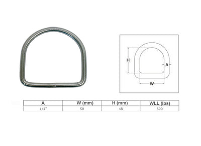 Marine Boat Mil Spec Stainless Steel 1/4" D-Ring Welded, 48mm Height 500 Lbs WLL