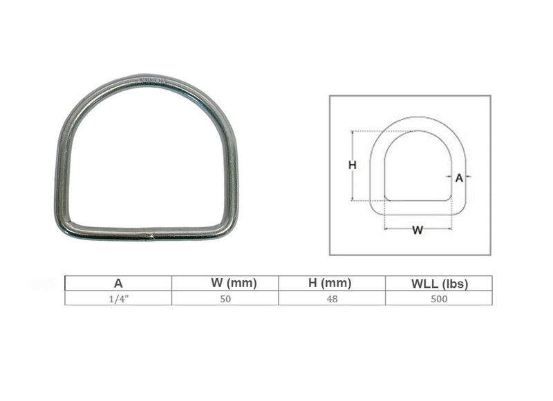 Marine Boat Mil Spec Stainless Steel 1/4" D-Ring Welded, 48mm Height 500 Lbs WLL