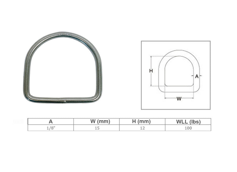 Marine Stainless Steel Mil Spec 1/8" D-Ring Welded, 12mm Height 100 Lbs WLL