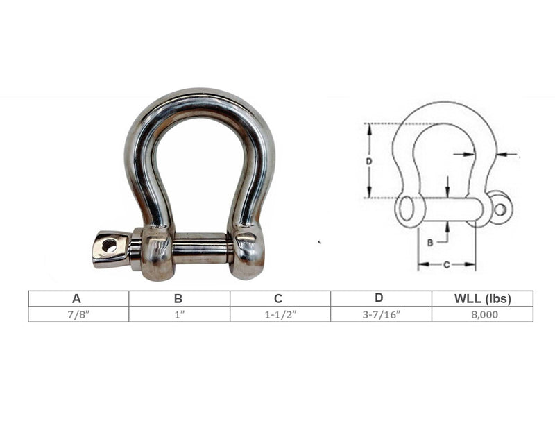 Marine Mil Spec Stainless Steel 316 7/8" Screw Pin Anchor Shackle 8,000 Lb WLL
