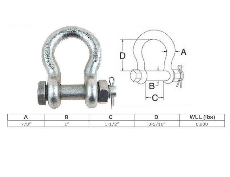 Mil Spec 7/8" Bolt Pin Anchor Shackle 8,000 Lbs WLL Stainless Steel T316