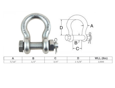 Mil Spec 7/16" Bolt Pin Anchor Shackle 2,000 Lbs WLL Stainless Steel T316