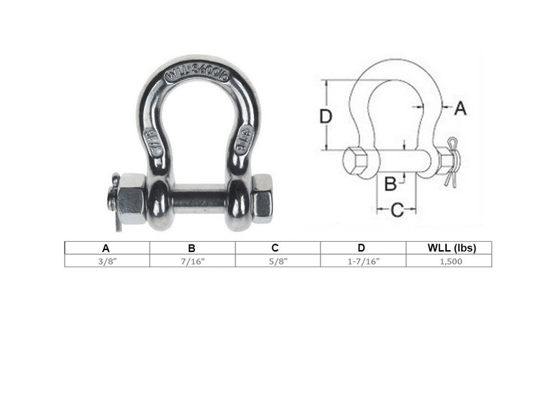 Mil-Spec 3/8" Bolt Pin Anchor Shackle 1,500 Lbs WLL Stainless Steel T316