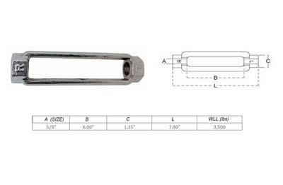 4 Pcs 5/8" x 6" Mil-spec Turnbuckle Body 3,500 Lbs WLL Stainless Steel T316