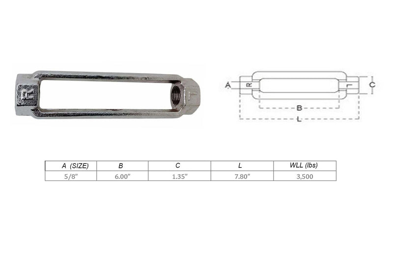 4 Pcs 5/8" x 6" Mil-spec Turnbuckle Body 3,500 Lbs WLL Stainless Steel T316
