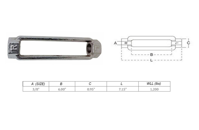 4 Pcs 3/8" x 6" Mil-spec Turnbuckle Body 1,200 Lbs WLL Stainless Steel T316