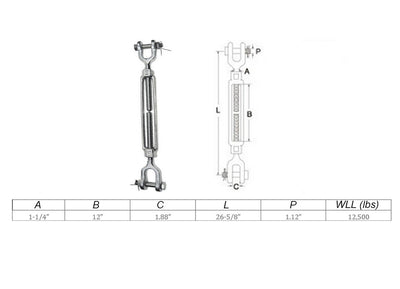 Mil Spec 1-1/4" x 12" Jaw Jaw Turnbuckle 12,500 Lbs WLL Stainless Steel T316