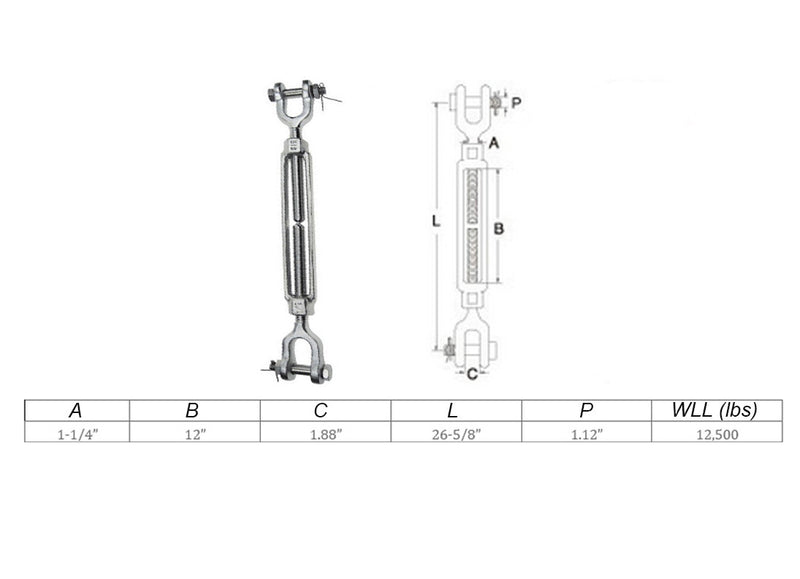 Mil Spec 1-1/4" x 12" Jaw Jaw Turnbuckle 12,500 Lbs WLL Stainless Steel T316