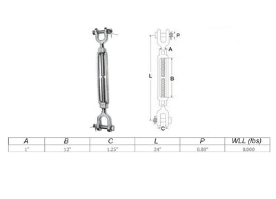 Mil Spec 1" x 12" Jaw Jaw Turnbuckle 8,000 Lbs WLL Stainless Steel T316