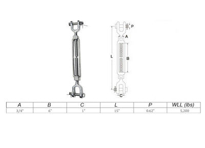 Mil Spec 3/4" x 6" Jaw Jaw Turnbuckle 5,200 Lbs WLL Stainless Steel T316