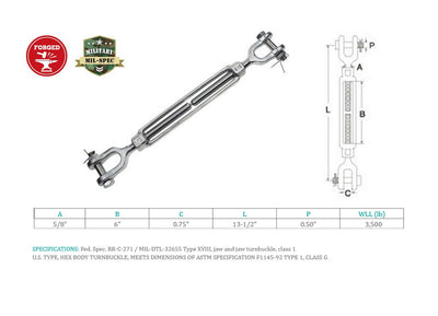 Mil Spec 5/8" x 6" Jaw Jaw Turnbuckle 3,500 Lbs WLL Stainless Steel T316