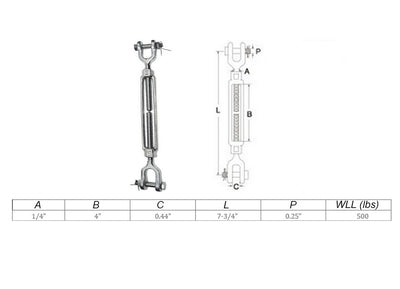 4 Pcs Mil Spec 1/4" x 4" Jaw Jaw Turnbuckle 500 Lbs WLL Stainless Steel T316