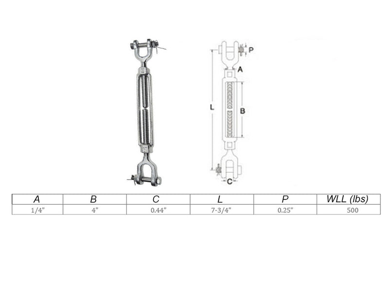 4 Pcs Mil Spec 1/4" x 4" Jaw Jaw Turnbuckle 500 Lbs WLL Stainless Steel T316