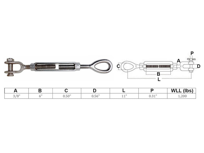 Mil-spec 3/8" x 6" Jaw Eye Turnbuckle 1,200 Lbs WLL Stainless Steel T316