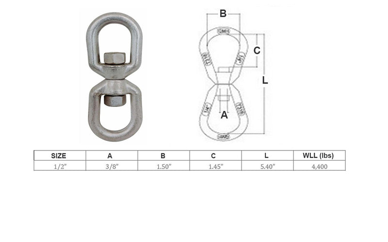 316 Stainless Steel Drop Forged Mil-Spec 1/2" Eye Eye Swivel 4,400 Lb Marine