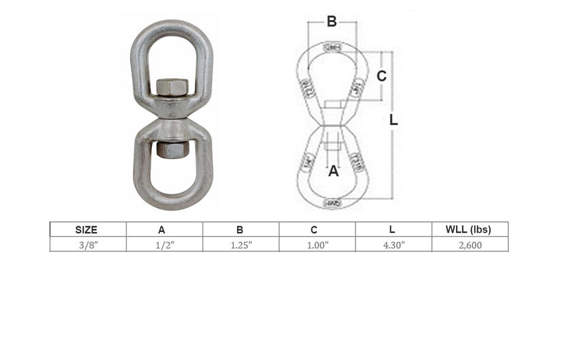 4 Pcs 316 Stainless Steel Drop Forged Mil-Spec 3/8" Eye Eye Swivel 2,600 Lb WLL