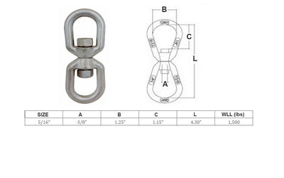 316 Stainless Steel Drop Forged Mil-Spec 5/16" Eye Eye Swivel 1,500 Lb Marine