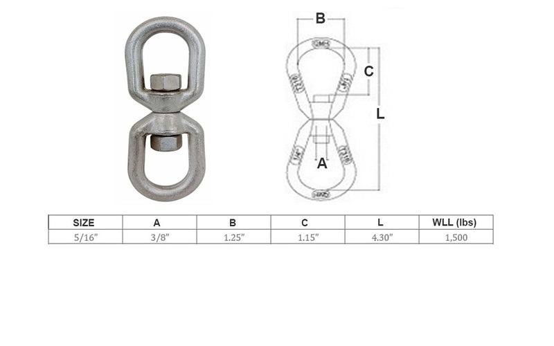 316 Stainless Steel Drop Forged Mil-Spec 5/16" Eye Eye Swivel 1,500 Lb Marine
