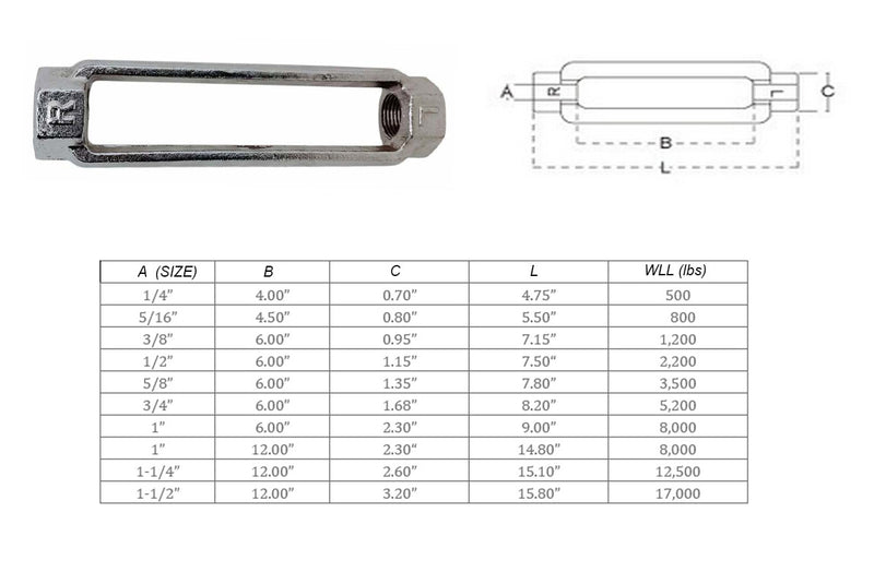 Mil-spec Turnbuckle Body WLL Stainless Steel T316