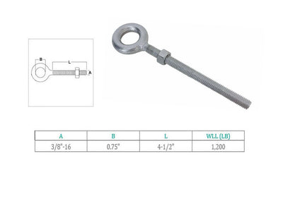 4 Pcs 3/8" x 4-1/2" Drop Forged Plain Eye Bolt 1200 Lb WLL Stainless Steel T316