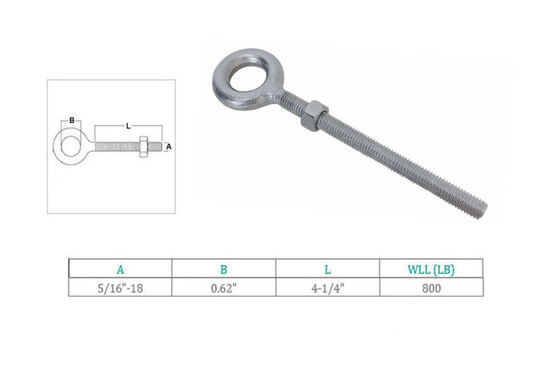 4 Pcs 5/16" x 4-1/4" Drop Forged Plain Eye Bolt 800 Lb WLL Stainless Steel T316