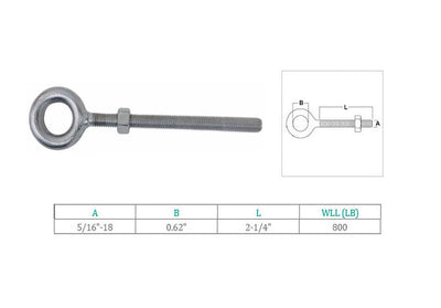 Marine 5/16" x 2-1/4" Drop Forged Plain Eye Bolt 800 Lb WLL Stainless Steel T316