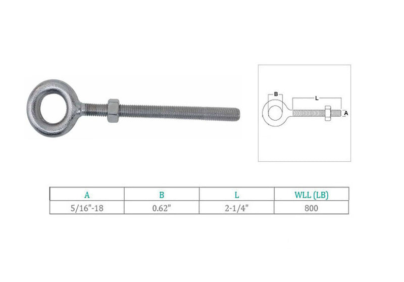 Marine 5/16" x 2-1/4" Drop Forged Plain Eye Bolt 800 Lb WLL Stainless Steel T316