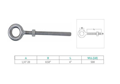 Marine 1/4" x 4" Drop Forged Plain Eye Bolt 500 Lb WLL Stainless Steel T316