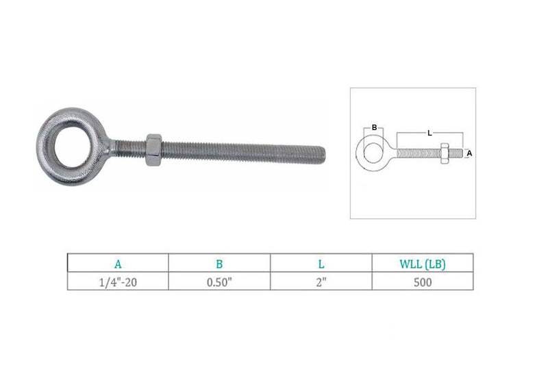 4Pcs Marine 1/4" x 2" Drop Forged Plain Eye Bolt 500 Lb WLL Stainless Steel T316