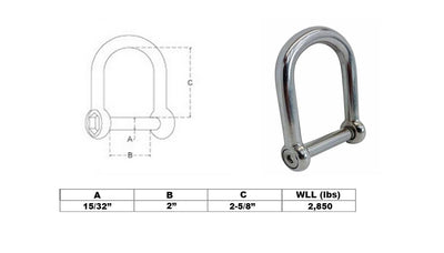 15/32" Screw Pin Wide D Shackle No Snag Pin 2,850 Lbs WLL Stainless Steel T316