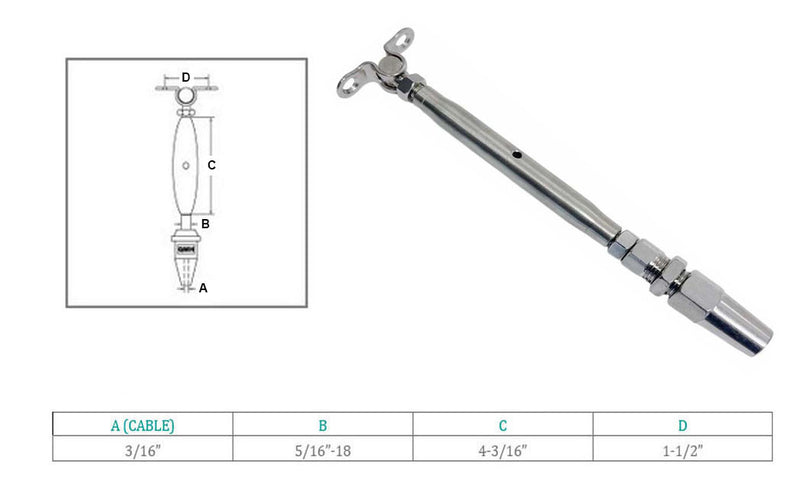 4 PCS T316 Marine Stainless Steel 3/16" Cable Deck & Toggle Swageless Turnbuckle