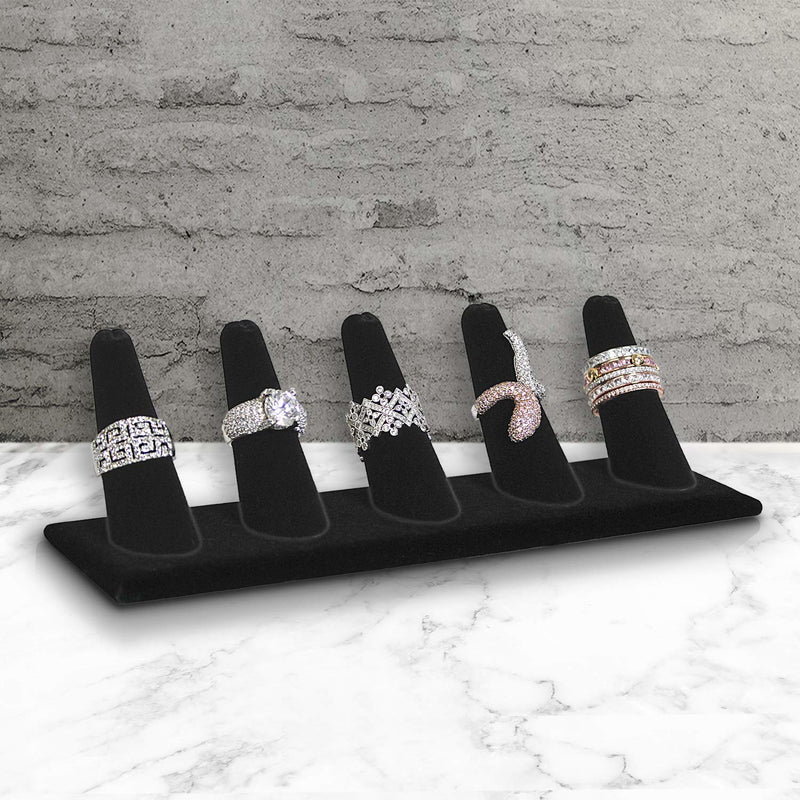 3 Pcs 8" x 2" x 2-1/4" Black Velvet 5-Slot Ring Display Stand 5 Finger Jewelry Showcase Holder for Retail or Personal Use