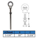 Marine T316 Stainless Steel 1-1/4" x 18" Shoulder Eye Bolt 9,000 Lbs WLL