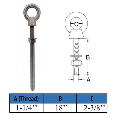 Marine T316 Stainless Steel 1-1/4" x 18" Shoulder Eye Bolt 9,000 Lbs WLL