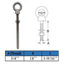 Marine T316 Stainless Steel 3/4" x 18" Shoulder Eye Bolt 4,700 Lbs WLL