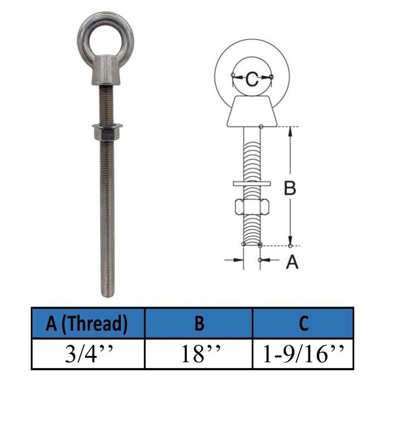 Marine T316 Stainless Steel 3/4" x 18" Shoulder Eye Bolt 4,700 Lbs WLL