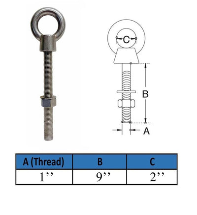 Marine T316 Stainless Steel 1" x 9" Shoulder Eye Bolt 7,500 Lbs WLL