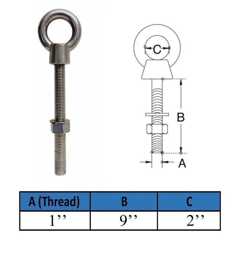 Marine T316 Stainless Steel 1" x 9" Shoulder Eye Bolt 7,500 Lbs WLL