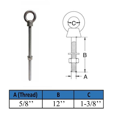 Marine T316 Stainless Steel 5/8" x 12" Shoulder Eye Bolt 3,200 Lbs WLL