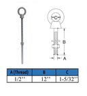 Marine T316 Stainless Steel 1/2" x 12" Shoulder Eye Bolt 2,000 Lbs WLL